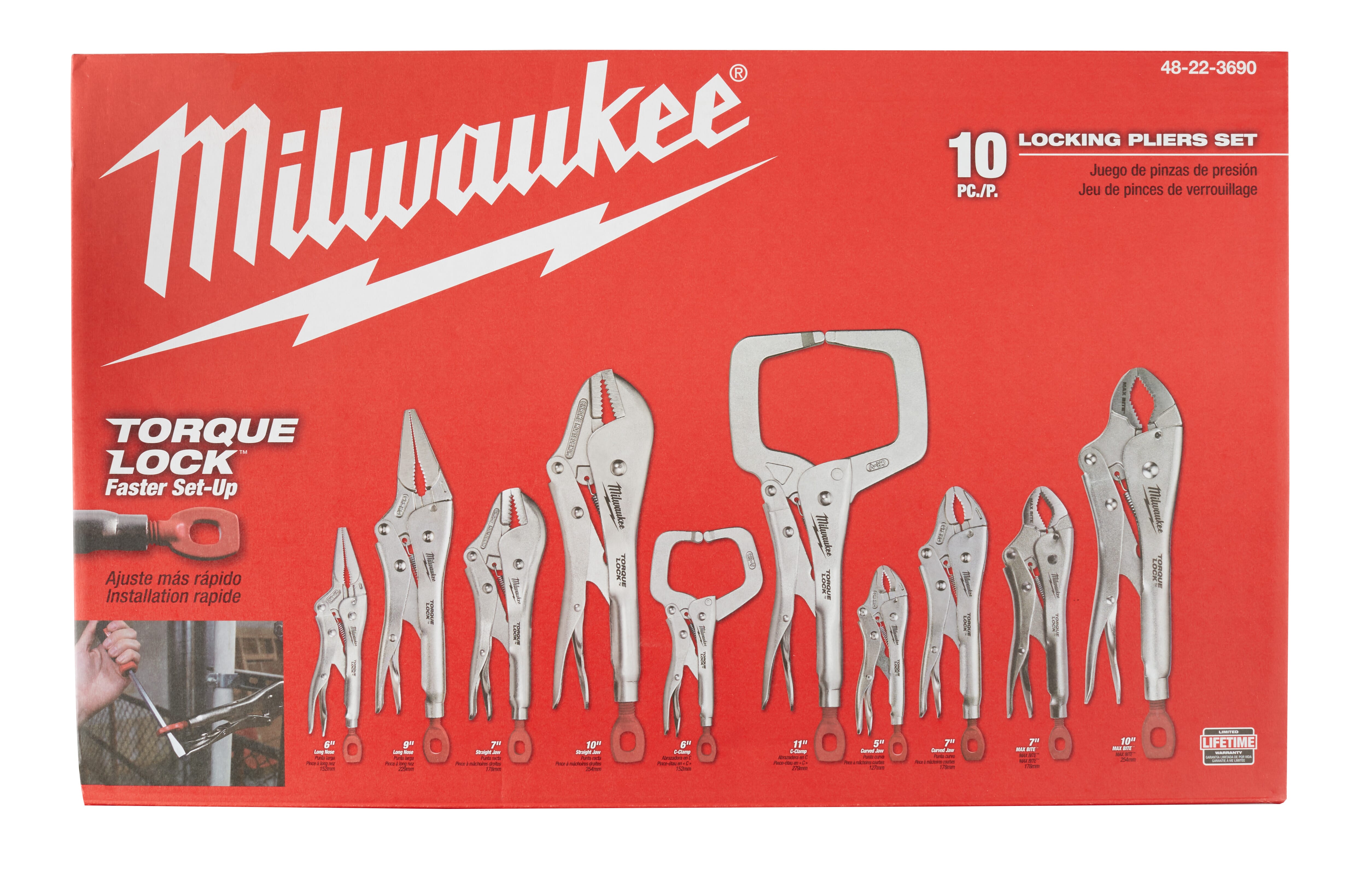 Milwaukee® TORQUE LOCK™ 48-22-3690 Plier Kit, Locking, 10 Pieces, 15.6 in OAL